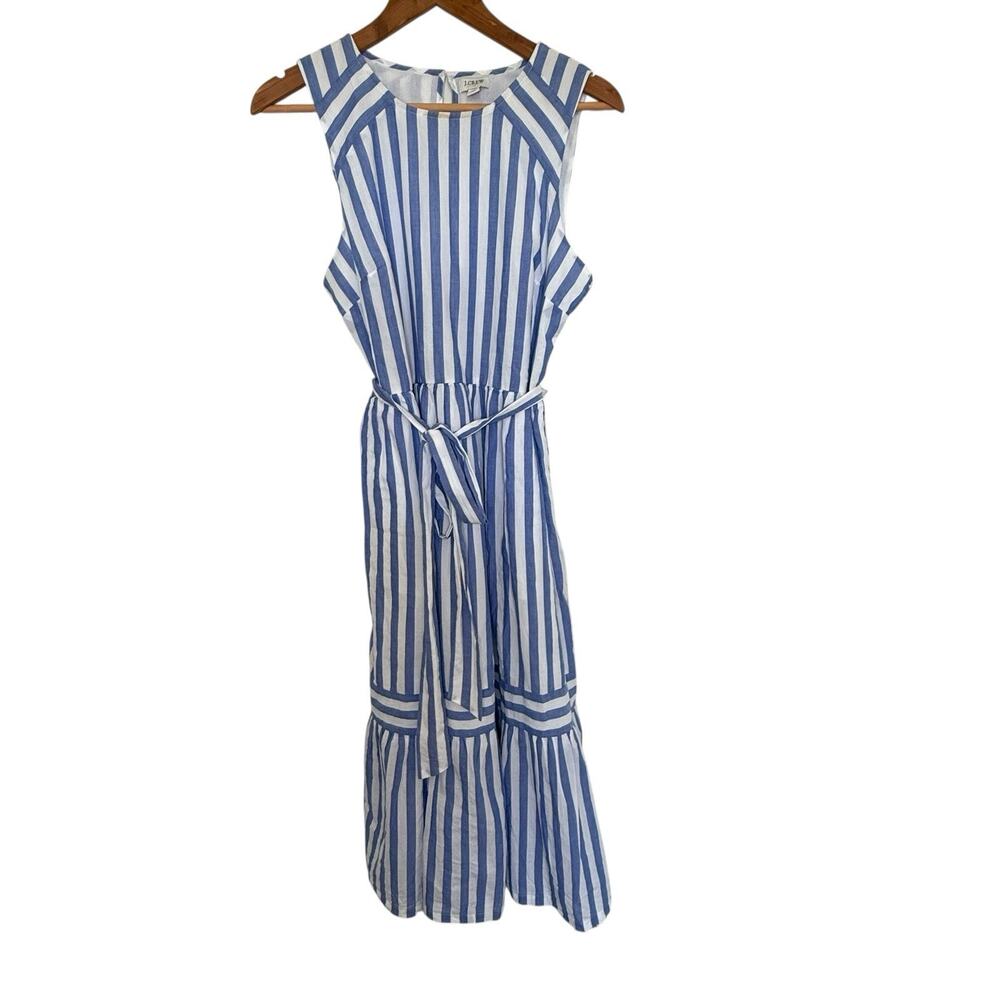 J.Crew Striped Cotton Midi Dress Blue White Sleeveless Belted Size 10 NWT